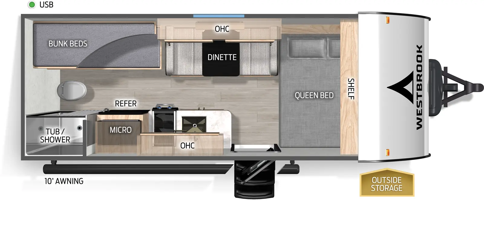 The Westbrook 16CC floorplan has one entry and zero slide outs. Exterior features include: metal exterior and 10' awning. Interiors features include: bunk beds and front bedroom.